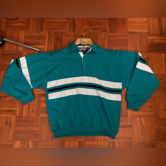 VTG MacGregor Teal and White Striped Polo Sweater Long Sleeve Mens Large - Picture 2 of 9